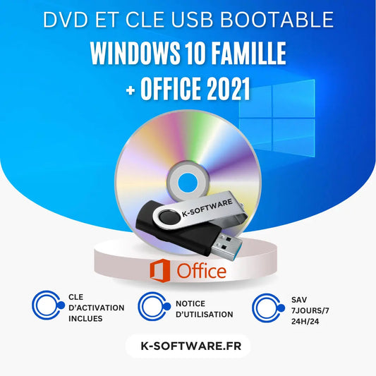 SUPER PACK DVD Windows 10 Famille + CLE USB Office 2021 K Software Informatique