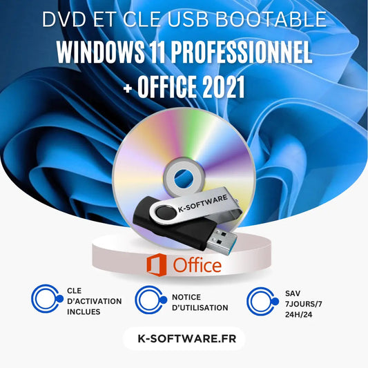 SUPER PACK DVD Windows 11 Professionnel + CLE USB Office 2021 K Software Informatique